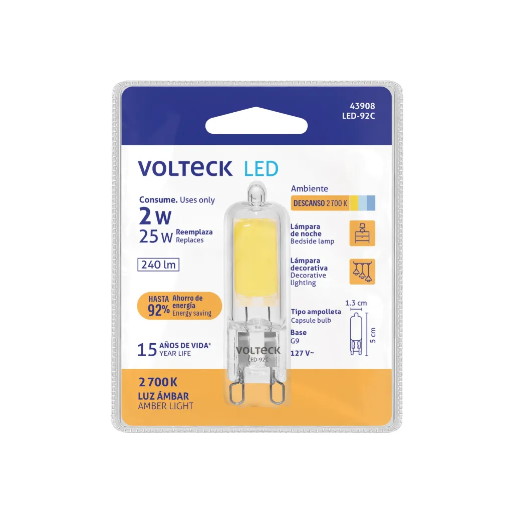 [FOCO LED 2 W, TIPO AMPOLLETA, 2700K LUZ AMBAR, G9,  43908, VOLTECK] FOCO LED 2 W, TIPO AMPOLLETA, 2700K LUZ AMBAR, G9,  43908, VOLTECK
