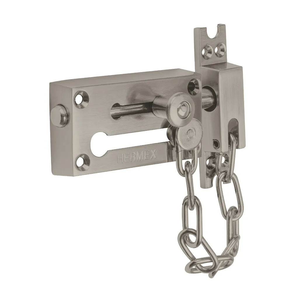 PASADOR CON CADENA PARA PUERTA, ACABADO NIQUEL SATIN,  43866, HERMEX