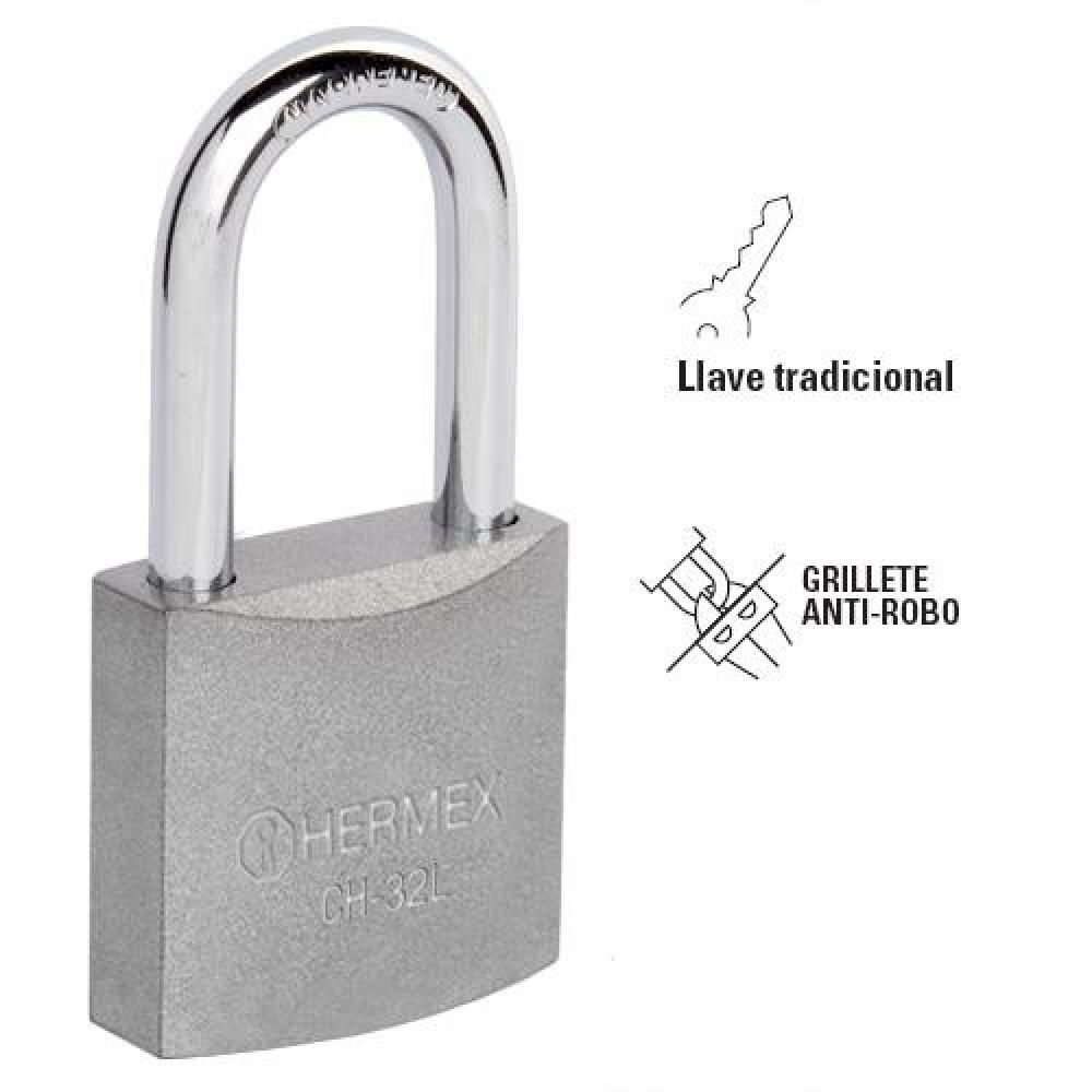 CANDADO DE HIERRO 32 MM GANCHO LARGO EN CAJA, 43793, HERMEX