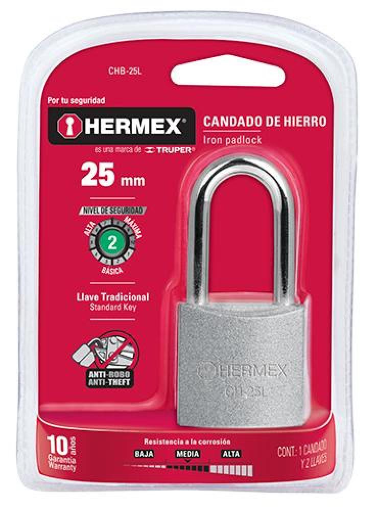 CANDADO DE HIERRO 25 MM GANCHO LARGO EN BLISTER, 43798, HERMEX