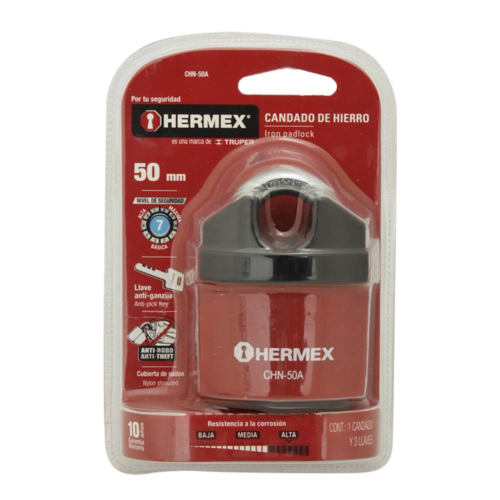 CANDADO DE HIERRO 50 MM GANCHO PROTEGIDO, LLAVE ANTI-GANZUA 43340, TRUPER